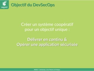 Objectif du DevSecOps
#NSD17 - DevSecOps : de la Théorie à la Pratique
Créer un système coopératif
pour un objectif unique :
Délivrer en continu &
Opérer une application sécurisée
 