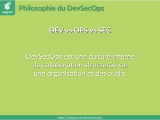 Philosophie du DevSecOps
#NSD17 - DevSecOps : de la Théorie à la Pratique
DevSecOps est une culture interne
de collaboration structurée sur
une organisation et des outils.
DEV vs OPS vs SECDEV vs OPS vs SEC
 