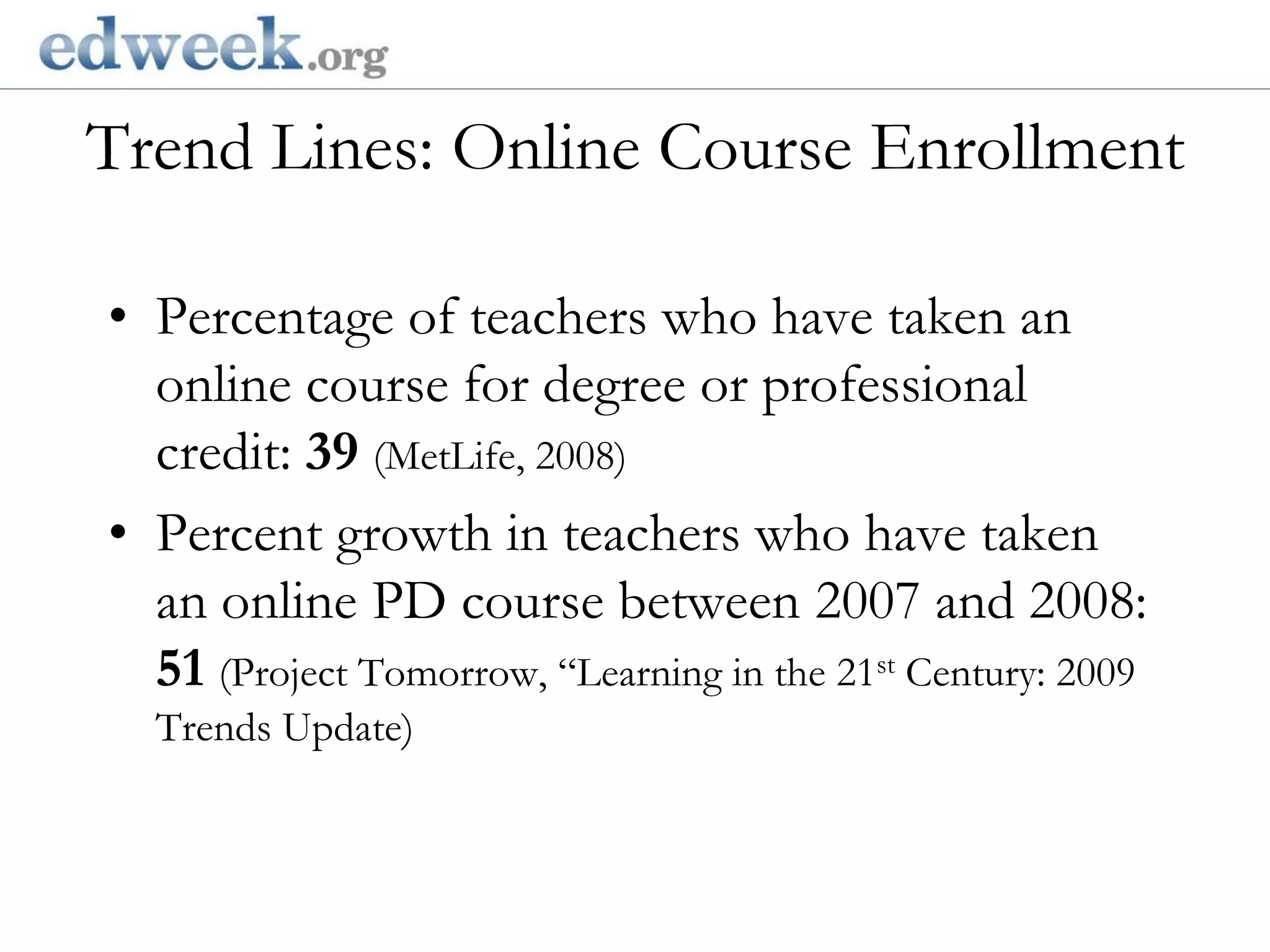 Trend Lines: Online Course Enrollment   Gerald Herbert/APPercentage of teachers who have taken an online course for degree or professional credit: 39 (MetLife, 2008)Percent growth in teachers who have taken an online PD course between 2007 and 2008: 51(Project Tomorrow, “Learning in the 21st Century: 2009 Trends Update)