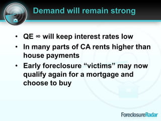 Demand will remain strong
• QE ∞ will keep interest rates low
• In many parts of CA rents higher than
house payments
• Ear...