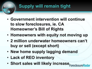 Supply will remain tight
• Government intervention will continue
to slow foreclosures, ie. CA
Homeowner’s Bill of Rights
•...