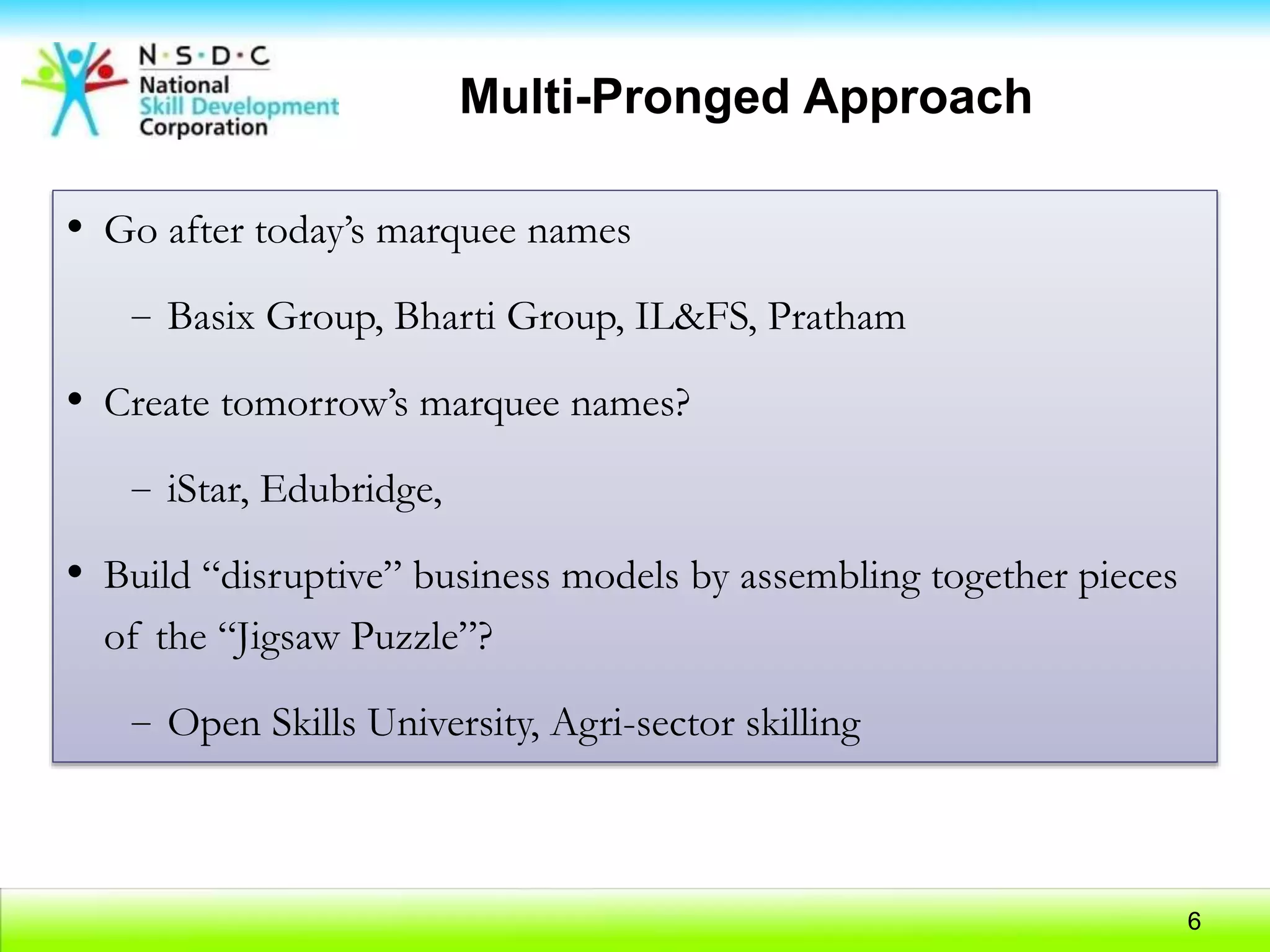 6
6
Multi-Pronged Approach
• Go after today’s marquee names
− Basix Group, Bharti Group, IL&FS, Pratham
• Create tomorrow’s marquee names?
− iStar, Edubridge,
• Build “disruptive” business models by assembling together pieces
of the “Jigsaw Puzzle”?
− Open Skills University, Agri-sector skilling