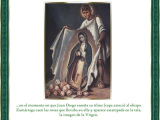 … en el momento en que Juan Diego enseña su tilma (capa azteca) al obispo Zumárraga caen las rosas que llevaba en ella y aparece estampada en la tela, la imagen de la Virgen.  