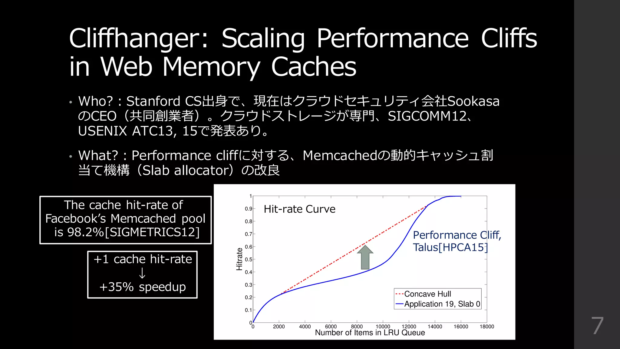 Cliffhanger:  Scaling  Performance  Cliffs  
in  Web  Memory  Caches
• Who?：Stanford  CS出⾝身で、現在はクラウドセキュリティ会社Sookasa
のCEO（共同創業者）。クラウドストレージが専⾨門、SIGCOMM12、
USENIX  ATC13,  15で発表あり。
• What?：Performance  cliffに対する、Memcachedの動的キャッシュ割
当て機構（Slab  allocator）の改良良
70 2000 4000 6000 8000 10000 12000 14000 16000 18000
0
0.1
0.2
0.3
0.4
0.5
0.6
0.7
0.8
0.9
1
Number of Items in LRU Queue
Hitrate
Concave Hull
Application 19, Slab 0
Performance  Cliff,  
Talus[HPCA15]
+1  cache  hit-‐‑‒rate
↓
+35%  speedup
The  cache  hit-‐‑‒rate  of  
Facebookʼ’s  Memcached pool
is  98.2%[SIGMETRICS12]
Hit-‐‑‒rate  Curve
 