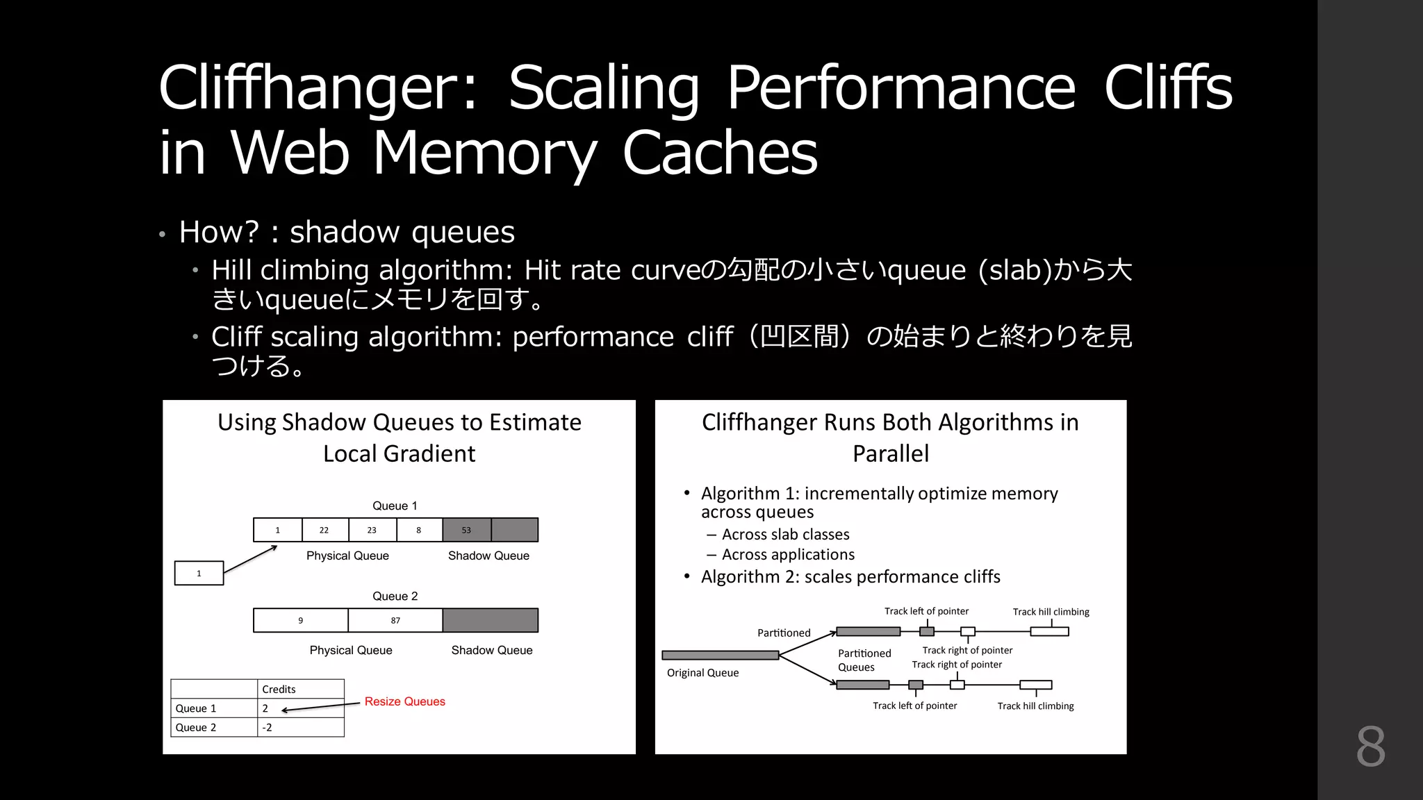 Cliffhanger:  Scaling  Performance  Cliffs  
in  Web  Memory  Caches
• How?：shadow  queues
– Hill  climbing  algorithm:  Hit  rate  curveの勾配の⼩小さいqueue  (slab)から⼤大
きいqueueにメモリを回す。
– Cliff  scaling  algorithm:  performance   cliff（凹区間）の始まりと終わりを⾒見見
つける。
8
Using&Shadow&Queues&to&Estimate&
Local&Gradient
823221
879
53
Queue$1
Queue$2
Physical$Queue Shadow$Queue
Physical$Queue Shadow$Queue
Credits
Queue&1 2
Queue&2 @2
1
Resize$Queues
Cliffhanger+Runs+Both+Algorithms+in+
Parallel
Par$$oned)
Original)Queue)
Par$$oned)
Queues)
Track)le4)of)pointer)
Track)le4)of)pointer)
Track)right)of)pointer)
Track)right)of)pointer)
Track)hill)climbing)
Track)hill)climbing)
• Algorithm+1:+incrementally+optimize+memory+
across+queues
– Across+slab+classes
– Across+applications
• Algorithm+2:+scales+performance+cliffs
 