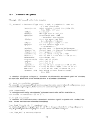 16.5 Commands at a glance

Following is a list of commands used in wireless simulations:

$ns_ node-config -addressingType <usually flat or hierarchical used for
                                   wireless topologies>
                 -adhocRouting   <adhoc rotuing protocol like PUMA, DSR,
                                   TORA, AODV, DSDV etc>
                 -llType         <LinkLayer>
                 -macType        <MAC type like Mac/802_11>
                 -propType       <Propagation model like
                                   Propagation/TwoRayGround>
                 -ifqType        <interface queue type like
                                   Queue/DropTail/PriQueue>
                 -ifqLen         <interface queue length like 50>
                 -phyType        <network inteface type like
                                   Phy/WirelessPhy>
                 -antType        <antenna type like Antenna/OmniAntenna>
                 -channelType    <Channel type like Channel/WirelessChannel>
                 -topoInstance   <the topography instance>
                 -wiredRouting   <turning wired routing ON or OFF>
                 -mobileIP       <setting the flag for mobileIP ON or OFF>
                 -energyModel    <EnergyModel type>
                 -initialEnergy <specified in Joules>
                 -rxPower        <specified in W>
                 -txPower        <specified in W>
                 -agentTrace     <tracing at agent level turned ON or OFF>
                 -routerTrace    <tracing at router level turned ON or OFF>
                 -macTrace       <tracing at mac level turned ON or OFF>
                 -movementTrace <mobilenode movement logging turned
                                   ON or OFF>

This command is used typically to conﬁgure for a mobilenode. For more info about this command (part of new node APIs)
see chapter titled "Restructuring ns node and new Node APIs" in ns Notes and Documentation.


$ns_ node <optional:hier address>
This command is used to create a mobilenode after node conﬁguration is done as shown in the node-conﬁg command. Incase
hierarchical addressing is being used, the hier address of the node needs to be passed as well.

$node log-movement
This command previously used to enable logging of mobilenode’s movement has now been replaced by $ns_
node-config -movementTrace <ON or OFF>.

create-god <num_nodes>
This command is used to create a God instance. The number of mobilenodes is passed as argument which is used by God to
create a matrix to store connectivity information of the topology.

$topo load_flatgrid <X> <Y> <optional:res>
This initializes the grid for the topography object. <X> and <Y> are the x-y co-ordinates for the topology and are used for
sizing the grid. The grid resolution may be passed as <res>. A default value of 1 is normally used.

$topo load_demfile <file-descrptor>

                                                            170
 