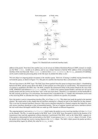 from routing agent         to Node->entry


                                                                        Network
                                                                        Interface
                                                 SatLinkHead




                                                             LL

                                                                            Sat/Recv
                                                        Sat/Enque


                                                             Queue          Error
                                                                            model

                                      Sat/Drop          Sat/Deque
                                                                                       Sat/Error
                                                          Mac


                                                    Phy_tx         Phy_rx


                                             to SatChannel        from SatChannel

                                    Figure 17.6: Detailed look at network interface stack.


address to the packet. Note that in the satellite case, we do not use an Address Resolution Protocol (ARP); instead, we simply
use the MAC index_ variable as its address, and we use a helper function to ﬁnd the MAC address of the corresponding
interface of the next-hop node. Since class LL derives from class LinkDelay, the delay_ parameter of LinkDelay
can be used to model any processing delay in the link layer; by default this delay is zero.

The next object an outgoing packet encounters is the interface queue. However, if tracing is enabled, tracing elements may
surround the queue, as shown in Figure 17.6. This part of a satellite link functions like a conventional ns link.

The next layer down is the MAC layer. The MAC layer draws packets from the queue (or deque trace) object– a handshaking
between the MAC and the queue allows the MAC to draw packets out of the queue as it needs them. The transmission time
of a packet is modelled in the MAC also– the MAC computes the transmission delay of the packet (based on the sum of the
LINK_HDRSIZE ﬁeld deﬁned in satlink.h and the size ﬁeld in the common packet header), and does not call up for
another packet until the current one has been “sent” to the next layer down. Therefore, it is important to set the bandwidth of
the link correctly at this layer. For convenience, the transmit time is encoded in the mac header; this information can be used
at the receiving MAC to calculate how long it must wait to detect a collision on a packet, for example.

Next, the packet is sent to a transmitting interface (Phy_tx) of class SatPhy. This object just sends the packet to the attached
channel. We noted earlier in this chapter that all interfaces attached to a channel are part of the linked list for that channel.
This is not true for transmit interfaces, however. Only receive interfaces attached to a channel comprise this linked list, since
only receive interfaces should get a copy of transmitted packets. The use of separate transmit and receive interfaces mirrors
the real world where full-duplex satellite links are made up of RF channels at different frequencies.

The outgoing packet is next sent to a SatChannel, which copies the packet to every receiving interface (of class SatPhy)
on the channel. The Phy_rx sends the packet to the MAC layer. At the MAC layer, the packet is held for the duration of its
transmission time (and any appropriate collision detection is performed if the MAC, such as the Aloha MAC, supports it).
If the packet is determined to have arrived safely at the MAC, it next passes to an ErrorModel object, if it exists. If not,
the packet moves through any receive tracing objects to the SatLL object. The SatLL object passes the packet up after a
processing delay (again, by default, the value for delay_ is zero).


                                                                  186
 