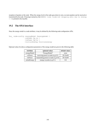 reception of packets at the node. When the energy level at the node goes down to zero, no more packets can be received or
transmitted by the node. If tracing is turned on, line DEBUG: node <node-id> dropping pkts due to energy
= 0 is printed in the traceﬁle.



19.2 The OTcl interface

Since the energy model is a node attribute, it may be deﬁned by the following node conﬁguration APIs:


$ns_ node-config -energyModel $energymodel 
                 -rxPower $p_rx 
                 -txPower $p_tx 
                 -initialEnergy $initialenergy


Optional values for above conﬁguration parameters of the energy model are given in the following table:

                           Attribute                  optional values              default values
                         -energyModel                 "EnergyModel"                    none
                            -rxPower         receiving power in watts (e.g 0.3)      281.8mW
                            -txPower       transmitting power in watts (e.g 0.4)     281.8mW
                         -initialEnergy          energy in joules (e.g 0.1)             0.0




                                                           195
 