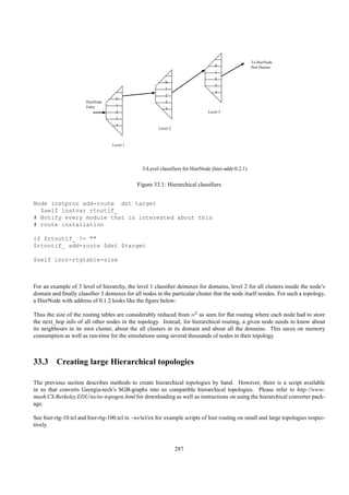 To HierNode
                                                                                 0                  Port Demux
                                                                                 1
                                                                                 2
                                                          0
                                                                                 3
                                                          1
                                                                                 4
                                                          2
                                    0
                       HierNode                           3
                       Entry        1
                                                          4
                                    2                                         Level 3
                                    3
                                    4
                                                       Level 2



                                  Level 1




                                               3-Level classifiers for HierNode (hier-addr:0.2.1)


                                             Figure 33.1: Hierarchical classiﬁers


Node instproc add-route dst target
  $self instvar rtnotif_
# Notify every module that is interested about this
# route installation

if $rtnotif_ != ""
$rtnotif_ add-route $dst $target

$self incr-rtgtable-size



For an example of 3 level of hierarchy, the level 1 classiﬁer demuxes for domains, level 2 for all clusters inside the node’s
domain and ﬁnally classiﬁer 3 demuxes for all nodes in the particular cluster that the node itself resides. For such a topology,
a HierNode with address of 0.1.2 looks like the ﬁgure below:

Thus the size of the routing tables are considerably reduced from n2 as seen for ﬂat routing where each node had to store
the next_hop info of all other nodes in the topology. Instead, for hierarchical routing, a given node needs to know about
its neighbours in its own cluster, about the all clusters in its domain and about all the domains. This saves on memory
consumption as well as run-time for the simulations using several thousands of nodes in their topology.



33.3 Creating large Hierarchical topologies

The previous section describes methods to create hierarchical topologies by hand. However, there is a script available
in ns that converts Georgia-tech’s SGB-graphs into ns compatible hierarchical topologies. Please refer to http://www-
mash.CS.Berkeley.EDU/ns/ns-topogen.html for downloading as well as instructions on using the hierarchical converter pack-
age.

See hier-rtg-10.tcl and hier-rtg-100.tcl in ~ns/tcl/ex for example scripts of hier routing on small and large topologies respec-
tively.



                                                                 287
 