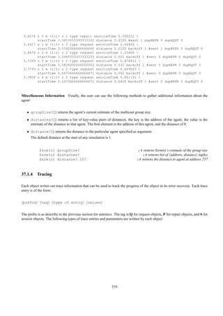 3.6274 n 0 m <1:1> r 1 type repair serviceTime 0.500222 
        startTime 3.5853553333333332 distance 0.0105 #sent 1 dupREPR 0 dupRQST 0
 3.6417 n 1 m <1:1> r 2 type request serviceTime 2.66406 
        startTime 3.5542666666666665 distance 0.0105 backoff 1 #sent 1 dupREPR 0 dupRQST 0
 3.6876 n 2 m <1:1> r 2 type request serviceTime 1.33406 
        startTime 3.5685333333333333 distance 0.021 backoff 1 #sent 0 dupREPR 0 dupRQST 0
 3.7349 n 3 m <1:1> r 2 type request serviceTime 0.876812 
        startTime 3.5828000000000002 distance 0.032 backoff 1 #sent 0 dupREPR 0 dupRQST 0
 3.7793 n 5 m <1:1> r 2 type request serviceTime 0.669063 
        startTime 3.5970666666666671 distance 0.042 backoff 1 #sent 0 dupREPR 0 dupRQST 0
 3.7808 n 4 m <1:1> r 2 type request serviceTime 0.661192 
        startTime 3.5970666666666671 distance 0.0425 backoff 1 #sent 0 dupREPR 0 dupRQST 0



Miscellaneous Information Finally, the user can use the following methods to gather additional information about the
agent:


   • groupSize?{} returns the agent’s current estimate of the multicast group size.
   • distances?{} returns a list of key-value pairs of distances; the key is the address of the agent, the value is the
     estimate of the distance to that agent. The ﬁrst element is the address of this agent, and the distance of 0.
   • distance?{} returns the distance to the particular agent speciﬁed as argument.
      The default distance at the start of any simulation is 1.


            $srm(i) groupSize?                                                   ;# returns $srm(i)’s estimate of the group size
            $srm(i) distances?                                                     ;# returns list of address, distance tuples
            $srm(i) distance? 257                                               ;# returns the distance to agent at address 257



37.1.4 Tracing

Each object writes out trace information that can be used to track the progress of the object in its error recovery. Each trace
entry is of the form:


 prefix      tag      type of entry           values


The preﬁx is as describe in the previous section for statistics. The tag is Q for request objects, P for repair objects, and S for
session objects. The following types of trace entries and parameters are written by each object:




                                                                  316
 