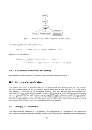 TclObject




                                                           Process




                                                          Application



                                                                            Application/FTP
                                        HttpApp, ...   Application/TcpApp   Application/Telnet
                                                                            Application/Traffic/*



                         Figure 41.2: Hierarchy of classes related to application-level data handling


Now we let $app1 be sender and $app2 be receiver:


            $ns at 1.0 "$app1 send 100 "$app2 app-recv 100""


Where app-recv is deﬁned as:


            Application/TcpApp instproc app-recv { size } {
                    global ns
                    puts "[$ns now] app2 receives data $size from app1"
            }


41.1.5 Class hierarchy related to user data handling

We conclude this section by providing a hierarchy of classes involved in this section (Figure 41.2).



41.2 Overview of web cache classes

There are three major classes related to web cache, as it is in the real world: client (browser), server, and cache. Because
they share a common feature, i.e., the HTTP protocol, they are derived from the same base class Http (Name of OTcl
class, it’s called HttpApp in C++). For the following reasons, it’s not a real Application. First, an HTTP object (i.e.,
client/cache/server) may want to maintain multiple concurrent HTTP connections, but an Application contains only one
agent_. Also, an HTTP object needs to transmit real data (e.g., HTTP header) and that’s provided by TcpApp instead of
any Agent. Therefore, we choose to use a standalone class derived from TclObject for common features of all HTTP objects,
which are managing HTTP connections and a set of pages. In the rest of the section, we’ll discuss these functionalities of
Http. In the next three sections, we’ll in turn describe HTTP client, cache and server.


41.2.1 Managing HTTP connections

Every HTTP connection is embodied as a TcpApp object. Http maintains a hash of TcpApp objects, which are all of its
active connections. It assumes that to any other Http, it has only one HTTP connection. It also allows dynamic establishment

                                                                 351
 
