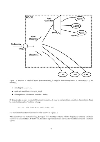NODE                          Port                                             Agent
                                                     Classifier

                                                                                                  Agent


                                                                 dmux_                                     Agent
                                                                                               agents_
                               Addr
                             Classifier

  Node entry

              entry_


                              classifier_




                                                                              Link               Link              Link


Figure 5.1: Structure of a Unicast Node. Notice that entry_ is simply a label variable instead of a real object, e.g., the
classiﬁer_.


   • a list of agents (agent_),
   • a node type identiﬁer (nodetype_), and
   • a routing module (described in Section 5.5 below)


By default, nodes in ns are constructed for unicast simulations. In order to enable multicast simulation, the simulation should
be created with an option “-multicast on”, e.g.:


            set ns [new Simulator -multicast on]


The internal structure of a typical multicast node is shown in Figure 5.2.

When a simulation uses multicast routing, the highest bit of the address indicates whether the particular address is a multicast
address or an unicast address. If the bit is 0, the address represents a unicast address, else the address represents a multicast
address.



                                                               46
 