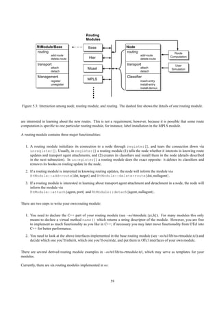 Routing
                                            Modules

          RtModule/Base                      Base                      Node
          routing                                                      routing                         Route
                    add-route                                                    add-route
                                              Hier                                                   Computation
                    delete-route                                                 delete-route
           transport                                                    transport                       User
                    attach                   Mcast                               attach               Simulation
                    detach                                                       detach
           Management                                                   Classifier
                    register
                                             MPLS                                insert-entry
                    unregister                                                   install-entry

                                                ......
                                                                                 install-demux




Figure 5.3: Interaction among node, routing module, and routing. The dashed line shows the details of one routing module.



are interested in learning about the new routes. This is not a requirement, however, because it is possible that some route
computation is speciﬁc to one particular routing module, for instance, label installation in the MPLS module.

A routing module contains three major functionalities:


   1. A routing module initializes its connection to a node through register{}, and tears the connection down via
      unregister{}. Usually, in register{} a routing module (1) tells the node whether it interests in knowing route
      updates and transport agent attachments, and (2) creates its classiﬁers and install them in the node (details described
      in the next subsection). In unregister{} a routing module does the exact opposite: it deletes its classiﬁers and
      removes its hooks on routing update in the node.
   2. If a routing module is interested in knowing routing updates, the node will inform the module via
      RtModule::add-route{dst, target} and RtModule::delete-route{dst, nullagent}.
   3. If a routing module is interested in learning about transport agent attachment and detachment in a node, the node will
      inform the module via
      RtModule::attach{agent, port} and RtModule::detach{agent, nullagent}.


There are two steps to write your own routing module:


   1. You need to declare the C++ part of your routing module (see ~ns/rtmodule.{cc,h}). For many modules this only
      means to declare a virtual method name() which returns a string descriptor of the module. However, you are free
      to implement as much functionality as you like in C++; if necessary you may later move functionality from OTcl into
      C++ for better performance.
   2. You need to look at the above interfaces implemented in the base routing module (see ~ns/tcl/lib/ns-rtmodule.tcl) and
      decide which one you’ll inherit, which one you’ll override, and put them in OTcl interfaces of your own module.


There are several derived routing module examples in ~ns/tcl/lib/ns-rtmodule.tcl, which may serve as templates for your
modules.

Currently, there are six routing modules implemented in ns:



                                                              59
 