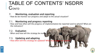 TABLE OF CONTENTS’ NSDRR
CONTD
7. Monitoring, evaluation and reporting
 How do we monitor our progress and adapt to the actual situation?
7.1. Monitoring and progress reporting
 How and how often will the progress of implementation be reported (and to whom)? What are
the indicators?
7.2. Evaluation
 When and how will the strategy be evaluated?
7.3. Updating and adapting
 How often will this strategy be updated? What may trigger an update?
 