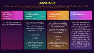 After showing all your balance in
NIOX, convert them into NITROX.
The conversion rate will be as
follows: For each 1 million NIOX
you will receive 1 NITROX.
1.000.000 NIOX
=
1 NITROX
You can click on the ‘deposit’
button to bring your NIOX from
other platforms to your
BackOffice.
CONVERSION
BALANCE IN WD$
WD$ 4518.01
1 NIOX = 0.000049 USD
CONVERT IN NIOX
BALANCE IN NIOX
497536592.56611
1.000.000 NIOX = 1 N17R0X
CONVERT IN N17R0X DEPOSIT
BALANCE IN N17R0X
497536592.56611
1 N17R0X = 2 NSDT
CONVERT IN NSDT DEPOSIT
BALANCE IN NSDT
9359.0749349077
First, you need to convert the
entire WD$ balance into NIOX.
We advise you to send all balance in NIOX and Nitrox you would have elsewhere to Wioxi BackOffice, in order to do the conversion into NSDT,
because in the future there will be no more use for these currencies in exchanges.
Now that you have converted
your balance into NIOX and then
into NITROX, convert your N17R0X
into NasdaToken (NSDT).
The conversion rate will be as
follows: For each 1 N17R0X you
will receive 2 NSDT.
1 N17R0X
=
2 NSDT
You can click on the ‘deposit’
button to bring your N17ROX from
other platforms to your
BackOffice.
Here, NSDT balance will be
displayed, where you can
transfer to an exchange and
convert into other
cryptocurrencies. One of the
exchanges already confirmed
is Crex24, where NSDT will be
listed with the Bitcoin and
Ethereum pairs (NSDT / BTC
and NSDT / ETH). Crex24 was
the first exchange to ever
embrace NSD community and
is the one widely used by the
entire community.
 