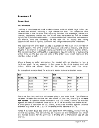 Annexure 2
Impact Cost

Introduction

Liquidity in the context of stock markets means a market where large orders can
be executed without incurring a high transaction cost. The transaction cost
referred here is not the fixed costs typically incurred like brokerage, transaction
charges, depository charges etc. but is the cost attributable to lack of market
liquidity as explained subsequently. Liquidity comes from the buyers and sellers in
the market, who are constantly on the look out for buying and selling
opportunities. Lack of liquidity translates into a high cost for buyers and sellers.

The electronic limit order book (ELOB) as available on NSE is an ideal provider of
market liquidity. This style of market dispenses with market makers, and allows
anyone in the market to execute orders against the best available counter orders.
The market may thus be thought of as possessing liquidity in terms of outstanding
orders lying on the buy and sell side of the order book, which represent the
intention to buy or sell.


When a buyer or seller approaches the market with an intention to buy a
particular stock, he can execute his buy order in the stock against such sell
orders, which are already lying in the order book, and vice versa.

An example of an order book for a stock at a point in time is detailed below:

Buy                                      Sell
Sr.No.       Quantity         Price      Quantity          Price      Sr. No.
1            1000             3.50       2000              4.00       5
2            1000             3.40       1000              4.05       6
3            2000             3.40       500               4.20       7
4            1000             3.30       100               4.25       8



There are four buy and four sell orders lying in the order book. The difference
between the best buy and the best sell orders (in this case, Rs.0.50) is the bid-
ask spread. If a person places an order to buy 100 shares, it would be matched
against the best available sell order at Rs. 4 i.e. he would buy 100 shares for Rs.
4. If he places a sell order for 100 shares, it would be matched against the best
available buy order at Rs. 3.50 i.e. the shares would be sold at Rs.3.5.

Hence if a person buys 100 shares and sells them immediately, he is poorer by
the bid-ask spread. This spread may be regarded as the transaction cost which
the market charges for the privilege of trading (for a transaction size of 100
shares).

                                                                     Page 14 of 16
 