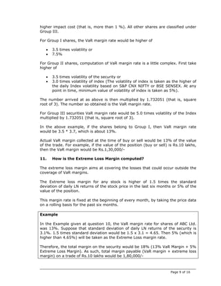 higher impact cost (that is, more than 1 %). All other shares are classified under
Group III.

For Group I shares, the VaR margin rate would be higher of

   •   3.5 times volatility or
   •   7.5%

For Group II shares, computation of VaR margin rate is a little complex. First take
higher of

   •   3.5 times volatility of the security or
   •   3.0 times volatility of index (The volatility of index is taken as the higher of
       the daily Index volatility based on S&P CNX NIFTY or BSE SENSEX. At any
       point in time, minimum value of volatility of index is taken as 5%).

The number arrived at as above is then multiplied by 1.732051 (that is, square
root of 3). The number so obtained is the VaR margin rate.

For Group III securities VaR margin rate would be 5.0 times volatility of the Index
multiplied by 1.732051 (that is, square root of 3).

In the above example, if the shares belong to Group I, then VaR margin rate
would be 3.5 * 3.7, which is about 13%.

Actual VaR margin collected at the time of buy or sell would be 13% of the value
of the trade. For example, if the value of the position (buy or sell) is Rs.10 lakhs,
then the VaR margin would be Rs.1,30,000/-

11.    How is the Extreme Loss Margin computed?

The extreme loss margin aims at covering the losses that could occur outside the
coverage of VaR margins.

The Extreme loss margin for any stock is higher of 1.5 times the standard
deviation of daily LN returns of the stock price in the last six months or 5% of the
value of the position.

This margin rate is fixed at the beginning of every month, by taking the price data
on a rolling basis for the past six months.

Example

In the Example given at question 10, the VaR margin rate for shares of ABC Ltd.
was 13%. Suppose that standard deviation of daily LN returns of the security is
3.1%. 1.5 times standard deviation would be 1.5 x 3.1 = 4.65. Then 5% (which is
higher than 4.65%) will be taken as the Extreme Loss margin rate.

Therefore, the total margin on the security would be 18% (13% VaR Margin + 5%
Extreme Loss Margin). As such, total margin payable (VaR margin + extreme loss
margin) on a trade of Rs.10 lakhs would be 1,80,000/-



                                                                        Page 9 of 16
 