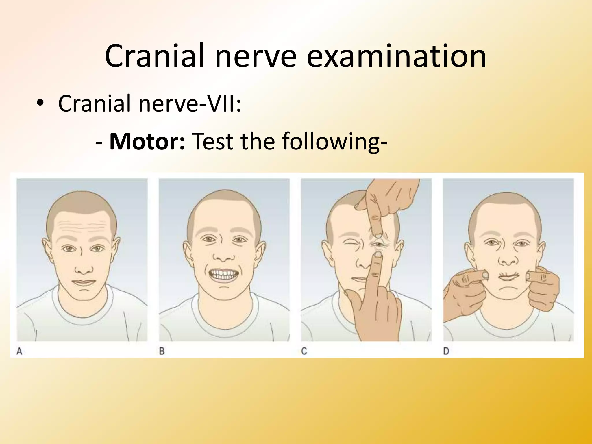 Cranial nerve examination
• Cranial nerve-VII:
- Motor: Test the following-
 