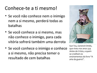 Conhece-te a ti mesmo!

    Se você não conhece nem o inimigo
    nem a si mesmo, perderá todas as
    batalhas

    Se você conhece a si mesmo, mas
    não conhece o inimigo, para cada
    vitória sofrerá também uma derrota
                                          Sun Tzu, General Chinês,

    Se você conhece o inimigo e conhece   que viveu nos anos 554
                                          Antes de Cristo, a quem
    a si mesmo, não precisa temer o       se creditam os
                                          ensinamentos do livro “A
    resultado de cem batalhas             arte da guerra”.
 