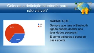 Colocas a definição bluetooth para
não visível?
SABIAS QUE…
Sempre que tens o Bluetooth
ligado podem aceder aos
teus dados pessoais!
É como deixares a porta de
casa aberta.
 