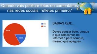 Quando vais publicar fotos ou comentários
nas redes sociais, refletes primeiro?
SABIAS QUE…
Deves pensar bem, porque
o que colocamos na
Internet é para sempre,
mesmo que apagues.
 