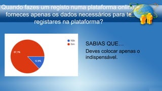 Quando fazes um registo numa plataforma online,
forneces apenas os dados necessários para te
registares na plataforma?
SABIAS QUE…
Deves colocar apenas o
indispensável.
 