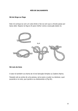 NÓS DE SALVAMENTO

Nó de Sirga ou Pega

Este nó começa-se com um cote direto e faz-se com que o chicote passe por
baixo dele. Repara na figura 25 para melhor veres a execução deste nó.

Nó Lais de Guia

A este nó também se chama de nó de Salvação Simples ou Cadeira Alpina.
Passado sob as axilas de uma pessoa, serve para a suster ou deslocar, quer
puxando-a no solo, que içando-a ou deslocando-a (Fig.26).

10

 