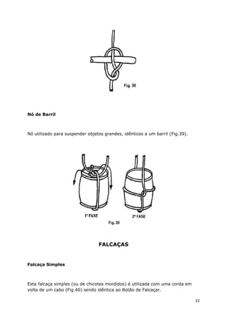 Nó de Barril

Nó utilizado para suspender objetos grandes, idênticos a um barril (Fig.39).

FALCAÇAS

Falcaça Simples

Esta falcaça simples (ou de chicotes mordidos) é utilizada com uma corda em
volta de um cabo (Fig.40) sendo idêntica ao Botão de Falcaçar.
22

 