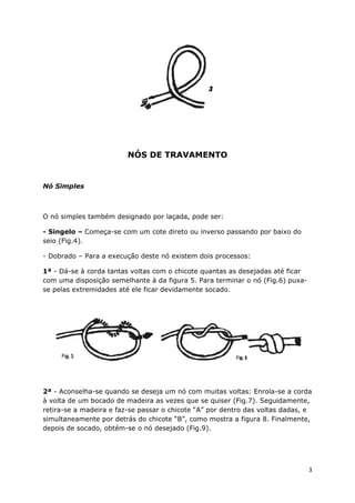 NÓS DE TRAVAMENTO

Nó Simples

O nó simples também designado por laçada, pode ser:
- Singelo – Começa-se com um cote direto ou inverso passando por baixo do
seio (Fig.4).
- Dobrado – Para a execução deste nó existem dois processos:
1ª - Dá-se à corda tantas voltas com o chicote quantas as desejadas até ficar
com uma disposição semelhante à da figura 5. Para terminar o nó (Fig.6) puxase pelas extremidades até ele ficar devidamente socado.

2ª - Aconselha-se quando se deseja um nó com muitas voltas: Enrola-se a corda
à volta de um bocado de madeira as vezes que se quiser (Fig.7). Seguidamente,
retira-se a madeira e faz-se passar o chicote “A” por dentro das voltas dadas, e
simultaneamente por detrás do chicote “B”, como mostra a figura 8. Finalmente,
depois de socado, obtém-se o nó desejado (Fig.9).

3

 