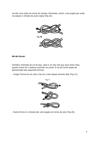 vai dar uma volta em torno do chicote, formando, assim, uma argola por onde
vai passar o chicote da outra espia (Fig.16).

Nó de Correr

Também chamado de nó de laço, este é um dos nós que soca tanto mais,
quanto maior for o esforço exercido na corda. O nó de Correr pode ser
apresentado das seguintes formas:
- Vulgar Forma-se um cote e faz-se o seio passar através dele (Fig.17).

- Outra forma é o chicote dar uma laçada em torno do seio (Fig.18).

8

 