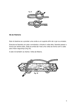 Nó de Pedreiro

Este nó destina-se a prender uma corda a um suporte afim de o içar ou arrastar.
Executa-se fazendo um cote e enrolando o chicote à volta dele, fazendo passar o
tronco por dentro dele. Pode-se ainda dar mais uma volta ao tronco com o cabo
para maior segurança (Fig.19).
A este nó também se chama: Volta da Ribeira.

9

 