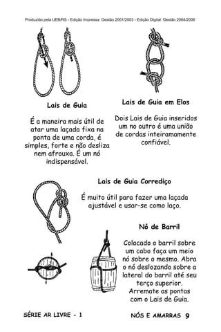 Produzido pela UEB/RS - Edição Impressa: Gestão 2001/2003 - Edição Digital: Gestão 2004/2006




            Lais de Guia                            Lais de Guia em Elos

  É a maneira mais útil de   Dois Lais de Guia inseridos
  atar uma laçada fixa na     um no outro é uma união
   ponta de uma corda, é     de cordas inteiramamente
simples, forte e não desliza          confiável.
   nem afrouxa. É um nó
       indispensável.

                                       Lais de Guia Corrediço

                              É muito útil para fazer uma laçada
                                ajustável e usar-se como laço.


                                                             Nó de Barril

                                                     Colocado o barril sobre
                                                     um cabo faça um meio
                                                    nó sobre o mesmo. Abra
                                                    o nó deslozando sobre a
                                                    lateral do barril até seu
                                                         terço superior.
                                                      Arremate as pontas
                                                       com o Lais de Guia.

SÉRIE AR LIVRE - 1                                       NÓS E AMARRAS 9
 
