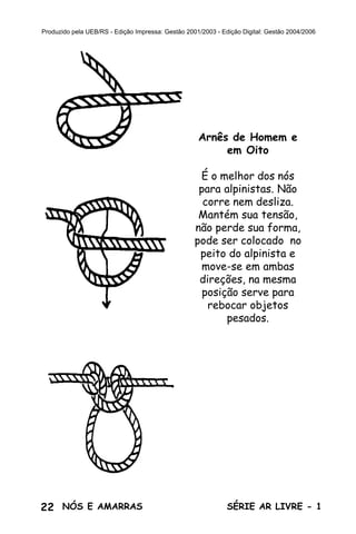 Produzido pela UEB/RS - Edição Impressa: Gestão 2001/2003 - Edição Digital: Gestão 2004/2006




                                                    Arnês de Homem e
                                                         em Oito

                                                    É o melhor dos nós
                                                    para alpinistas. Não
                                                     corre nem desliza.
                                                    Mantém sua tensão,
                                                   não perde sua forma,
                                                   pode ser colocado no
                                                    peito do alpinista e
                                                    move-se em ambas
                                                    direções, na mesma
                                                     posição serve para
                                                      rebocar objetos
                                                          pesados.




22 NÓS E AMARRAS                                              SÉRIE AR LIVRE - 1
 