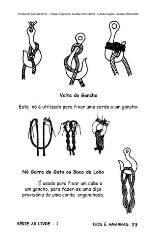 Produzido pela UEB/RS - Edição Impressa: Gestão 2001/2003 - Edição Digital: Gestão 2004/2006




                                Volta do Gancho

Este nó é utilizado para fixar uma corda a um gancho.




   Nó Garra de Gato ou Boca de Lobo

          É usado para fixar um cabo a
    um gancho, para fazer-se uma alça
   provisória de uma corda enganchada.




SÉRIE AR LIVRE - 1                                       NÓS E AMARRAS 23
 