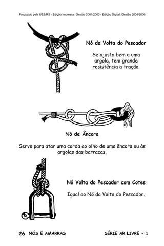 Produzido pela UEB/RS - Edição Impressa: Gestão 2001/2003 - Edição Digital: Gestão 2004/2006




                                                Nó da Volta do Pescador

                                                     Se ajusta bem a uma
                                                      argola, tem grande
                                                     resistência a tração.




                                 Nó de Âncora

Serve para atar uma corda ao olho de uma âncora ou às
                argolas das barracas.




                                  Nó Volta do Pescador com Cotes

                                   Igual ao Nó da Volta do Pescador.




26 NÓS E AMARRAS                                              SÉRIE AR LIVRE - 1
 