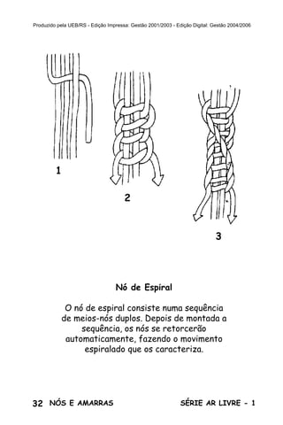 Produzido pela UEB/RS - Edição Impressa: Gestão 2001/2003 - Edição Digital: Gestão 2004/2006




         1

                                      2


                                                                             3




                                  Nó de Espiral

            O nó de espiral consiste numa sequência
           de meios-nós duplos. Depois de montada a
                sequência, os nós se retorcerão
            automaticamente, fazendo o movimento
                 espiralado que os caracteriza.




32 NÓS E AMARRAS                                              SÉRIE AR LIVRE - 1
 