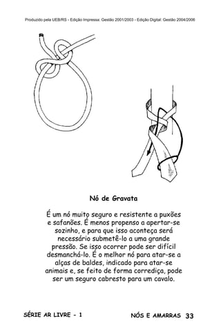 Produzido pela UEB/RS - Edição Impressa: Gestão 2001/2003 - Edição Digital: Gestão 2004/2006




                                   Nó de Gravata

          É um nó muito seguro e resistente a puxões
           e safanões. É menos propenso a apertar-se
              sozinho, e para que isso aconteça será
               necessário submetê-lo a uma grande
            pressão. Se isso ocorrer pode ser difícil
          desmanchá-lo. É o melhor nó para atar-se a
              alças de baldes, indicado para atar-se
          animais e, se feito de forma corrediça, pode
             ser um seguro cabresto para um cavalo.




SÉRIE AR LIVRE - 1                                       NÓS E AMARRAS 33
 
