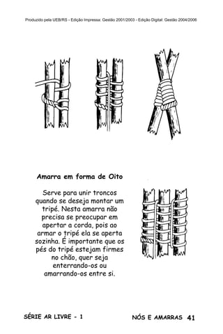 Produzido pela UEB/RS - Edição Impressa: Gestão 2001/2003 - Edição Digital: Gestão 2004/2006




      Amarra em forma de Oito

        Serve para unir troncos
     quando se deseja montar um
       tripé. Nesta amarra não
       precisa se preocupar em
        apertar a corda, pois ao
      armar o tripé ela se aperta
     sozinha. É importante que os
     pés do tripé estejam firmes
           no chão, quer seja
           enterrando-os ou
         amarrando-os entre si.




SÉRIE AR LIVRE - 1                                       NÓS E AMARRAS 41
 