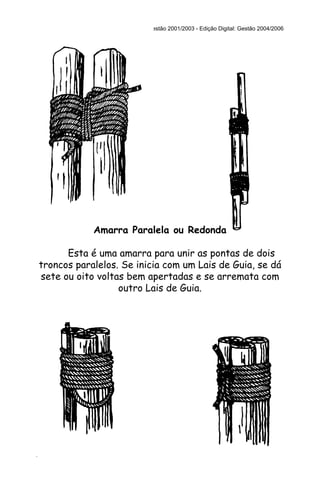 Produzido pela UEB/RS - Edição Impressa: Gestão 2001/2003 - Edição Digital: Gestão 2004/2006




                    Amarra Paralela ou Redonda

      Esta é uma amarra para unir as pontas de dois
troncos paralelos. Se inicia com um Lais de Guia, se dá
sete ou oito voltas bem apertadas e se arremata com
                  outro Lais de Guia.




44 NÓS E AMARRAS                                              SÉRIE AR LIVRE - 1
 