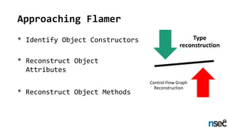 Approaching Flamer
* Identify Object Constructors
* Reconstruct Object
Attributes
* Reconstruct Object Methods
Type
recons...