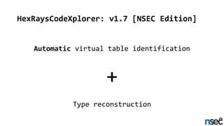 HexRaysCodeXplorer: v1.7 [NSEC Edition]
Automatic virtual table identification
+
Type reconstruction
 