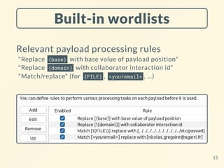 Built-in wordlists
Relevant payload processing rules
"Replace {base} with base value of payload position"
"Replace {domain} with collaborator interaction id"
"Match/replace" (for {FILE} , <youremail> , ...)
15
 