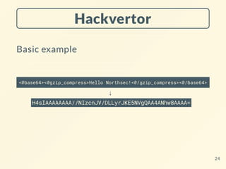 Hackvertor
Basic example
<@base64><@gzip_compress>Hello Northsec!<@/gzip_compress><@/base64>
↓
H4sIAAAAAAAA//NIzcnJV/DLLyrJKE5NVgQAA4ANhw8AAAA=
24
 