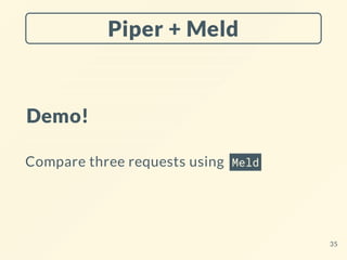Piper + Meld
Demo!
Compare three requests using Meld
35
 