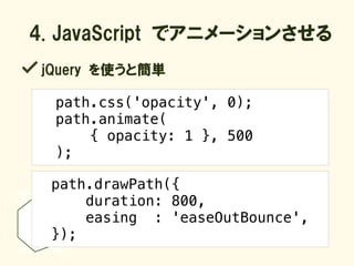 4. JavaScript でアニメーションさせる
 jQuery を使うと簡単

  path.css('opacity', 0);
  path.animate(
      { opacity: 1 }, 500
  );

  path.drawPath({
      duration: 800,
      easing : 'easeOutBounce',
  });
 