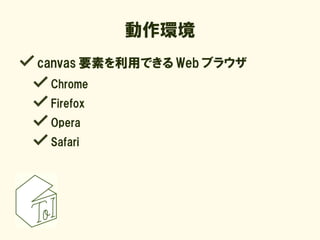 動作環境
canvas 要素を利用できる Web ブラウザ
 Chrome
 Firefox
 Opera
 Safari
 
