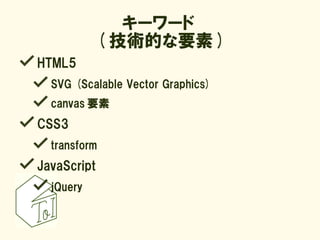 キーワード
             ( 技術的な要素 )
HTML5
  SVG (Scalable Vector Graphics)
  canvas 要素
CSS3
  transform
JavaScript
  jQuery
 