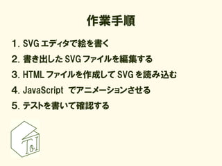 作業手順
１. SVG エディタで絵を書く
２. 書き出した SVG ファイルを編集する
３. HTML ファイルを作成して SVG を読み込む
４. JavaScript でアニメーションさせる
５. テストを書いて確認する
 