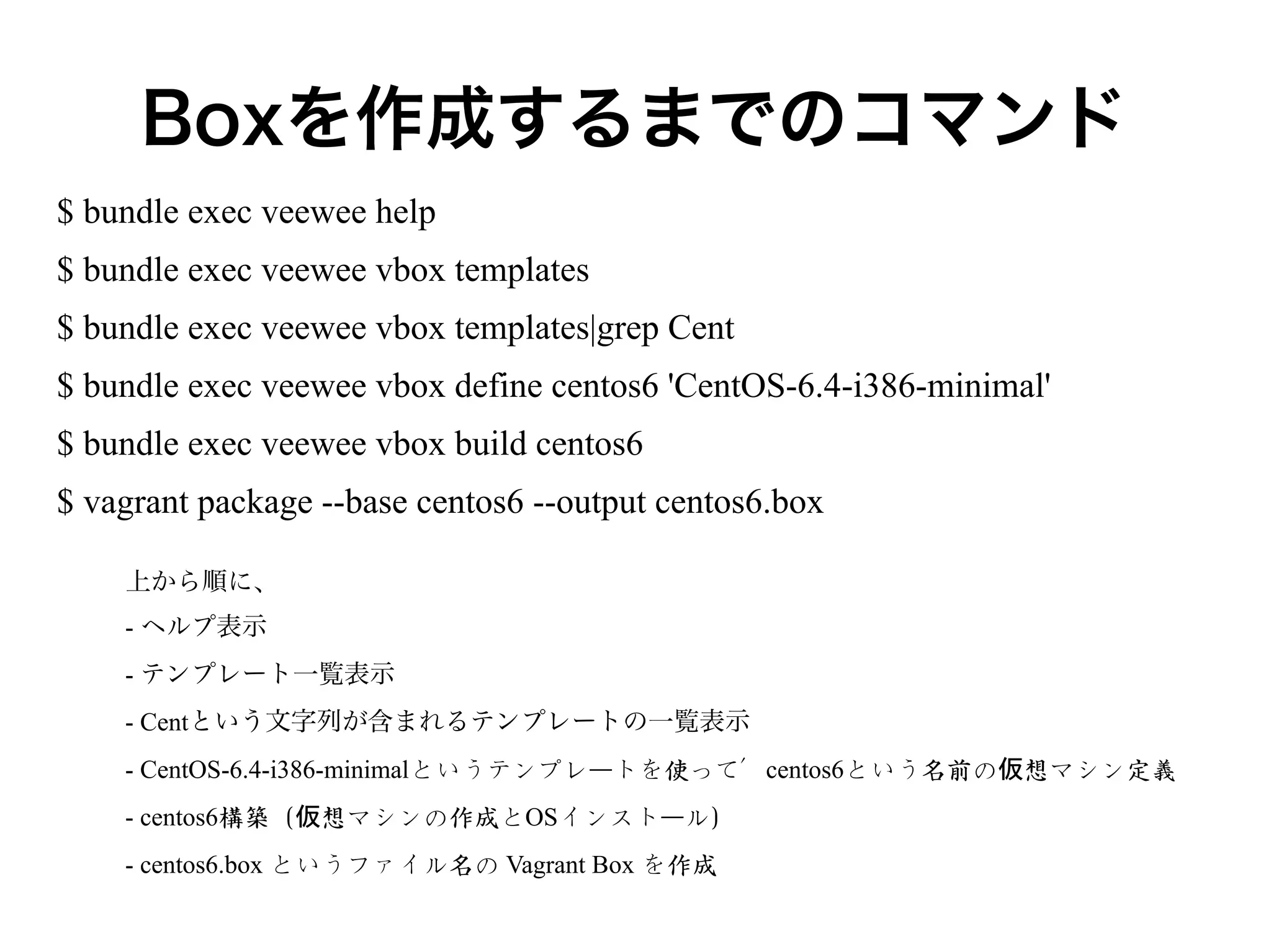 Boxを作成するまでのコマンド
$ bundle exec veewee help
$ bundle exec veewee vbox templates
$ bundle exec veewee vbox templates|grep Cent
$ bundle exec veewee vbox define centos6 'CentOS-6.4-i386-minimal'
$ bundle exec veewee vbox build centos6
$ vagrant package --base centos6 --output centos6.box
上から順に、
- ヘルプ表示
- テンプレート一覧表示
- Centという文字列が含まれるテンプレートの一覧表示
- CentOS-6.4-i386-minimalというテンプレートを使って、centos6という名前の仮想マシン定義
- centos6構築（仮想マシンの作成とOSインストール）
- centos6.box というファイル名の Vagrant Box を作成

 